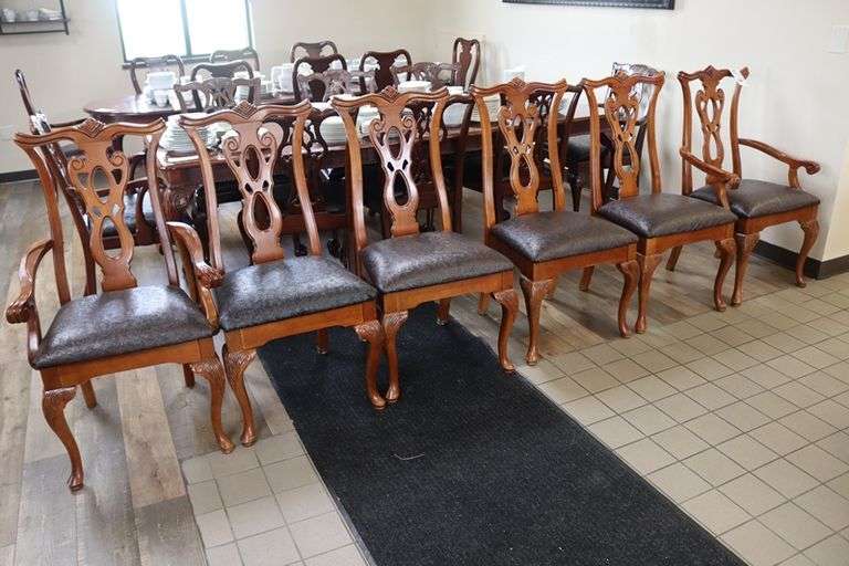 Times 6 - ornate dining room chairs (2 are captains) with black vinyl padded seats