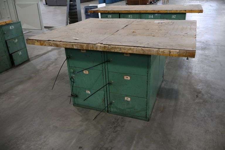 54" x 64" x 2" Thick shop table with 12 bay locker metal base cabinet