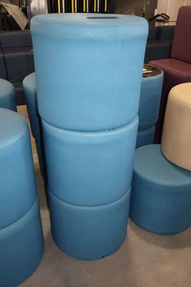 Times 3 - Hon 18" round x 16" tall blue vinyl stools - showing some stains - buyer to view