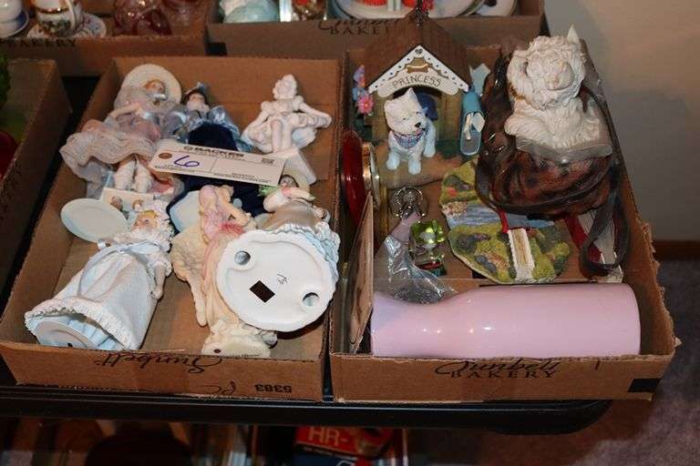 All to go - 2 boxes assorted dolls, knick knacks and décor