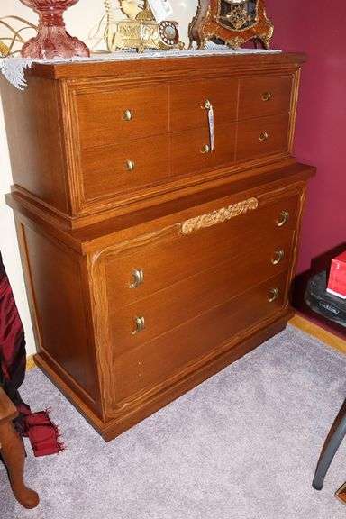 2 piece bedroom set - 9 drawer dresser with full mirror and 5 drawer chest of drawers (missing one drawer pull)