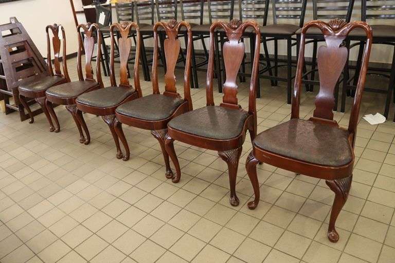 Times 6 - ornate dining room chairs with black vinyl padded seats