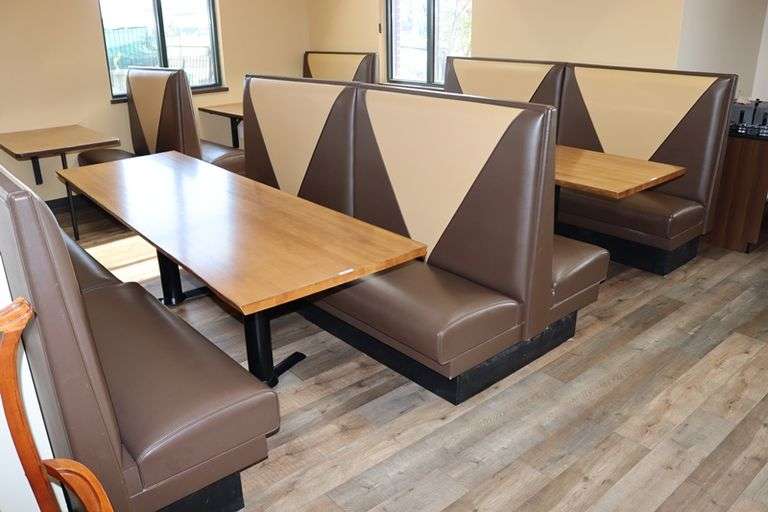 Times 6 - 4 passenger, brown and tan vinyl padded backs and seats booth openings only