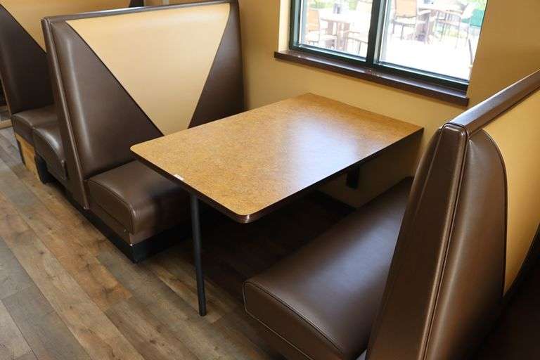 Times 4 - 4 passenger, brown and tan vinyl padded backs and seats booth openings with wall mount tables - very nice heavy duty booths