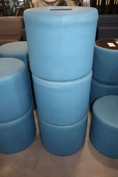 Times 3 - Hon 18" round x 16" tall blue vinyl stools - showing some stains - buyer to view