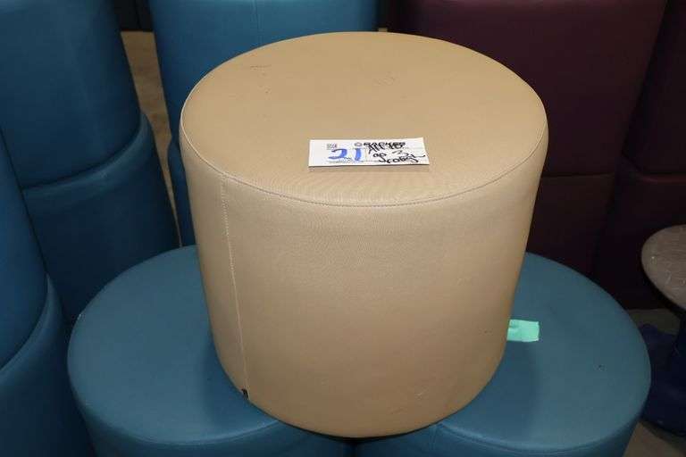 All to go - 3 Hon 18" round x 16" tall blue & tan vinyl stools - rougher condition