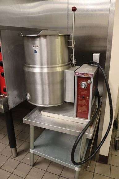 Crown EC-12TW 208 volt - 1 or 3 phase (wired for 3 phase)  tilting kettle with stainless equipment stand