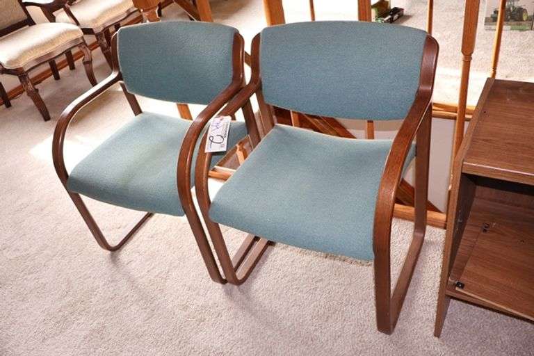 Pair to go - Wood framed green tweed armed sled chairs - Located upstairs