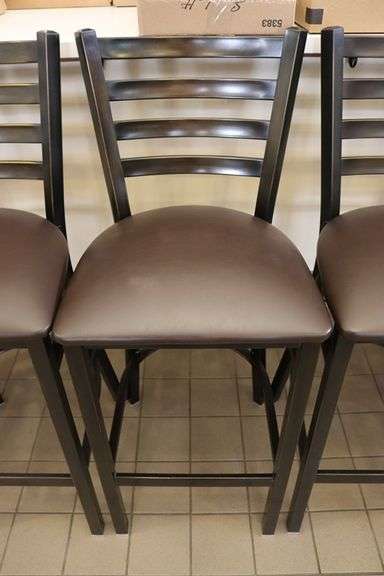Times 11 - brown metal framed ladder back bar chairs with vinyl padded seats - nice