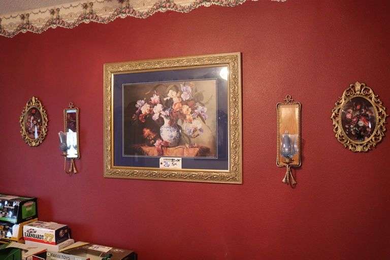 All to go - 27 x 34 framed wall print with wall sconce and floral arrangement