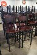 Times 12 - Black metal framed cherry finished wood seat & back bar chairs - wood has some knicks around corners