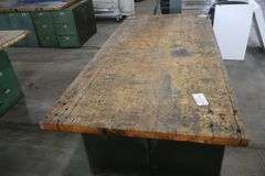 45" x 96" x 2" Thick shop table with 24 bay locker metal base cabinet