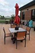 Patio set - 36" x 36" Grosfilex patio table with 4 chairs and umbrella and weights