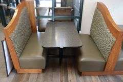 Times 3 - solid oak framed 4 passenger booth openings with vinyl padded backs and seats with single pedestal tables