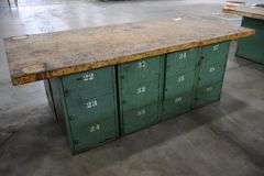 45" x 96" x 2" Thick shop table with 24 bay locker metal base cabinet