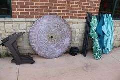 Large lot to go - 30" x 30" table - 15 broken chairs as is - 42" round table - as is umbrellas