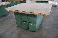 54" x 64" x 2" Thick shop table with 12 bay locker metal base cabinet