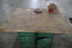 54" x 64" x 2" Thick shop table with 12 bay locker metal base cabinet
