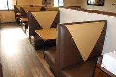 Times 4 - 4 passenger, brown and tan vinyl padded backs and seats booth openings with wall mount tables - very nice heavy duty booths