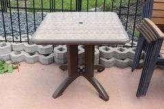 Large lot to go - 30" x 30" table - 15 broken chairs as is - 42" round table - as is umbrellas