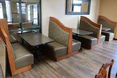 Times 3 - solid oak framed 4 passenger booth openings with vinyl padded backs and seats with single pedestal tables