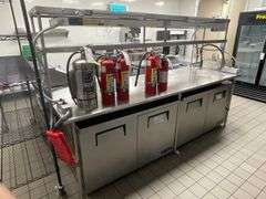 36" x 108' stainless table with open base and double stainless over shelves with 2 Hatco 48" warmers under top shelf - with table top heat controls - nice table