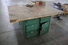 54" x 64" x 2" Thick shop table with 12 bay locker metal base cabinet
