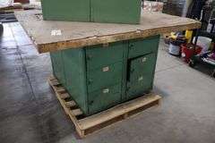 54" x 64" x 2" Thick shop table with 12 bay locker metal base cabinet