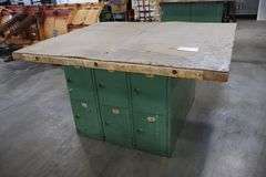 54" x 64" x 2" Thick shop table with 12 bay locker metal base cabinet