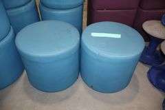 All to go - 3 Hon 18" round x 16" tall blue & tan vinyl stools - rougher condition