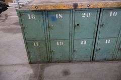 45" x 96" x 2" Thick shop table with 36 bay locker metal base cabinet