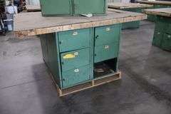 54" x 64" x 2" Thick shop table with 12 bay locker metal base cabinet