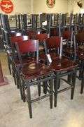Times 12 - Black metal framed cherry finished wood seat & back bar chairs - wood has some knicks around corners