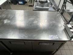36" x 108' stainless table with open base and double stainless over shelves with 2 Hatco 48" warmers under top shelf - with table top heat controls - nice table