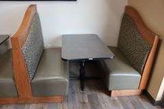 Times 3 - solid oak framed 4 passenger booth openings with vinyl padded backs and seats with single pedestal tables