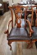 Times 6 - ornate dining room chairs (2 are captains) with black vinyl padded seats