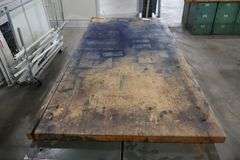 45" x 96" x 2" Thick shop table with 36 bay locker metal base cabinet