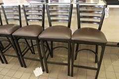 Times 11 - brown metal framed ladder back bar chairs with vinyl padded seats - nice