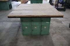 54" x 64" x 2" Thick shop table with 12 bay locker metal base cabinet - with Wilton 7" undermount vise