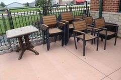 Large lot to go - 30" x 30" table - 15 broken chairs as is - 42" round table - as is umbrellas