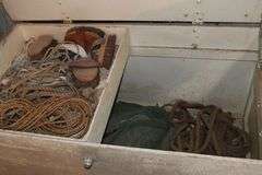 48" wood box with horse brushes & rope inventory