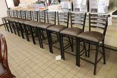 Times 11 - brown metal framed ladder back bar chairs with vinyl padded seats - nice
