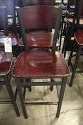 Times 12 - Black metal framed cherry finished wood seat & back bar chairs - wood has some knicks around corners