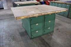 54" x 64" x 2" Thick shop table with 12 bay locker metal base cabinet