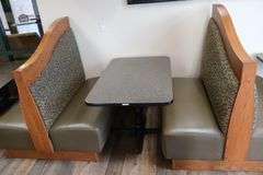 Times 3 - solid oak framed 4 passenger booth openings with vinyl padded backs and seats with single pedestal tables