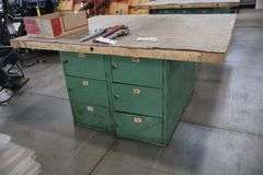 54" x 64" x 2" Thick shop table with 12 bay locker metal base cabinet