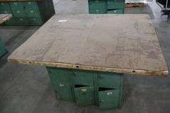 54" x 64" x 2" Thick shop table with 12 bay locker metal base cabinet