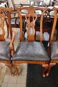 Times 6 - ornate dining room chairs (2 are captains) with black vinyl padded seats