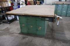54" x 64" x 2" Thick shop table with 12 bay locker metal base cabinet - with Wilton 7" undermount vise