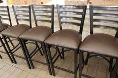 Times 11 - brown metal framed ladder back bar chairs with vinyl padded seats - nice